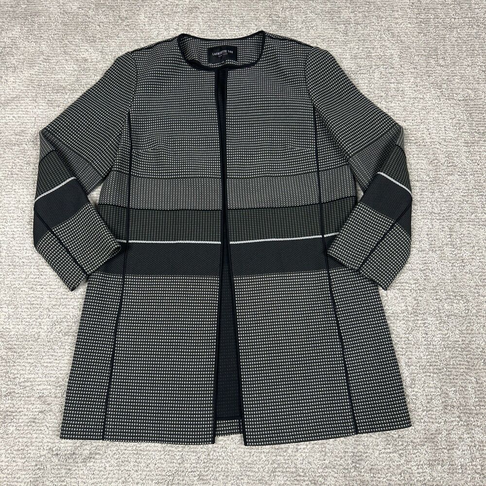 Lafayette 148 Women's 10 Blazer Jacket Open Front Mid Length Cotton Green Gray